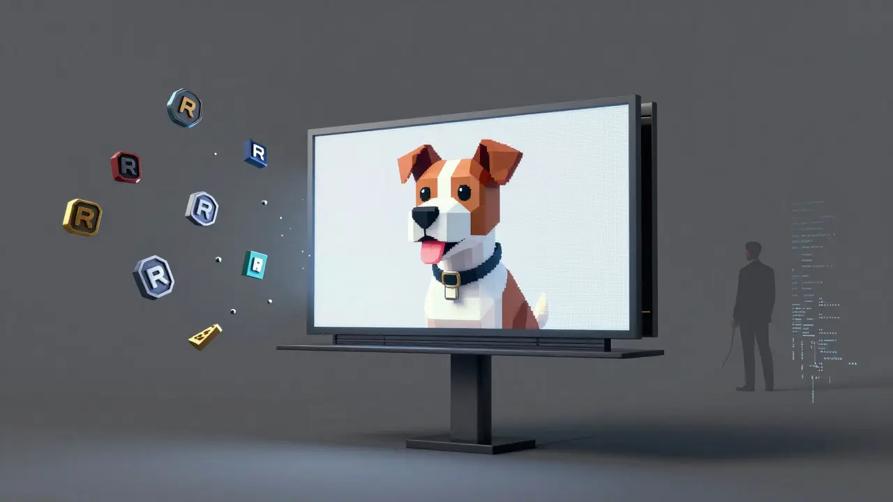 Empty digital billboard with Russell's dog image, surrounded by 17 fake token icons spinning in void.