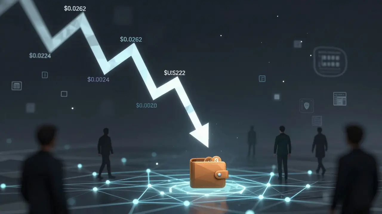 Falling RUSSELL price chart made of polygons, with investors walking away from a crumbling market.