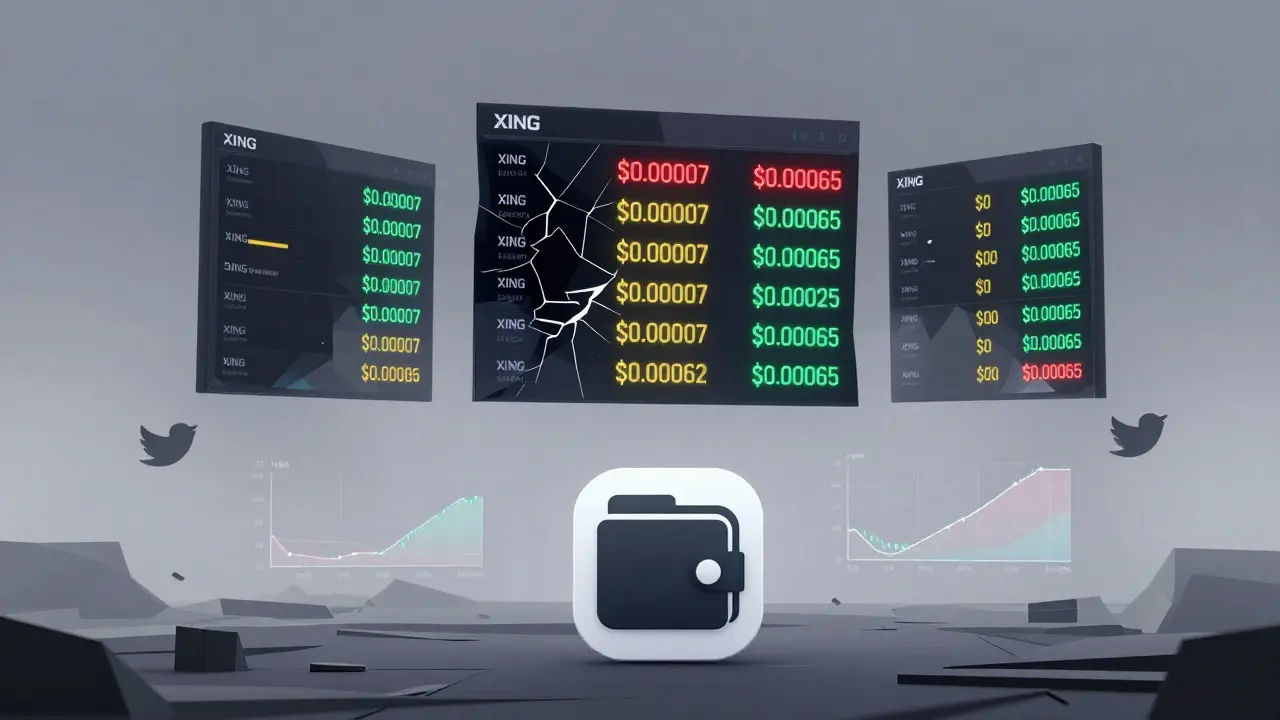 Floating crypto price screens showing wild discrepancies for XING, with a lonely wallet and zero-volume charts.