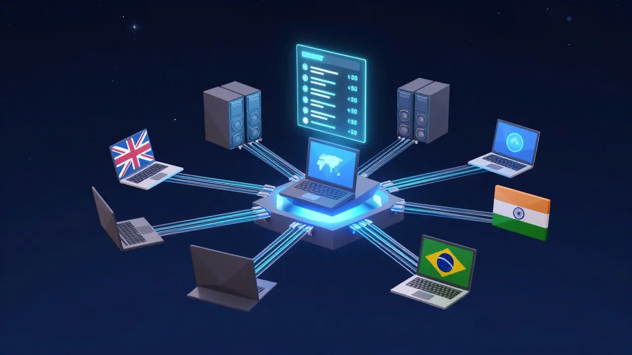 Floating low-poly computing devices connected by data streams, forming a decentralized AI network under a starry sky.