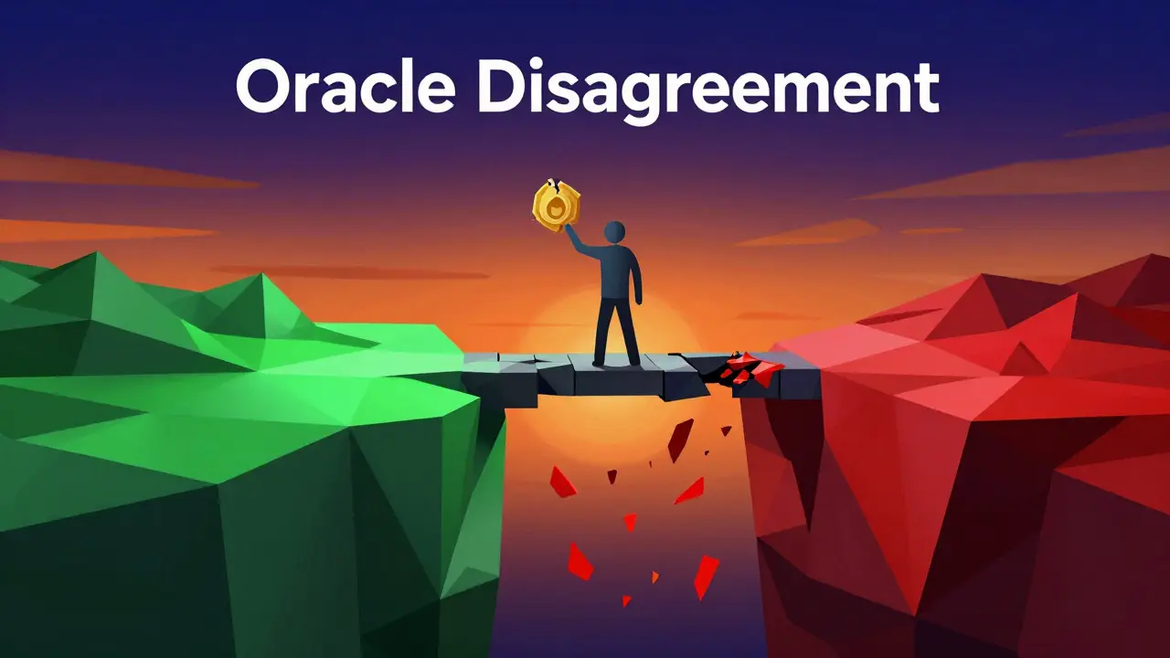 Fragile bridge over a chasm representing oracle failure, with a user facing liquidation risks during market crash.