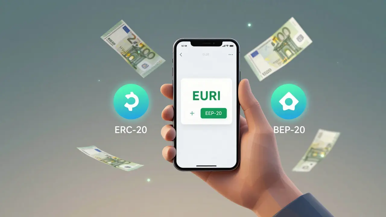 Hand holding a phone showing EURI wallet with blockchain icons and digital euro particles.