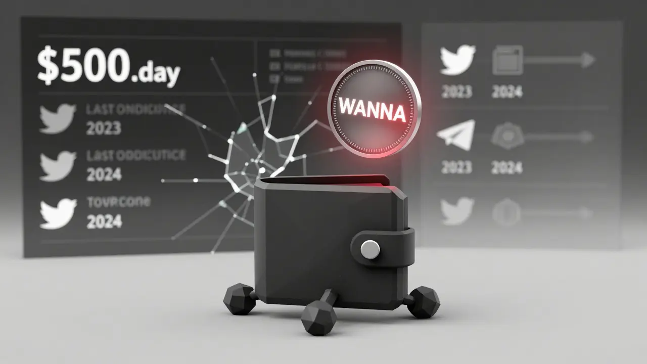 Lone wallet connected to a dead node with a fading WANNA token hovering above it