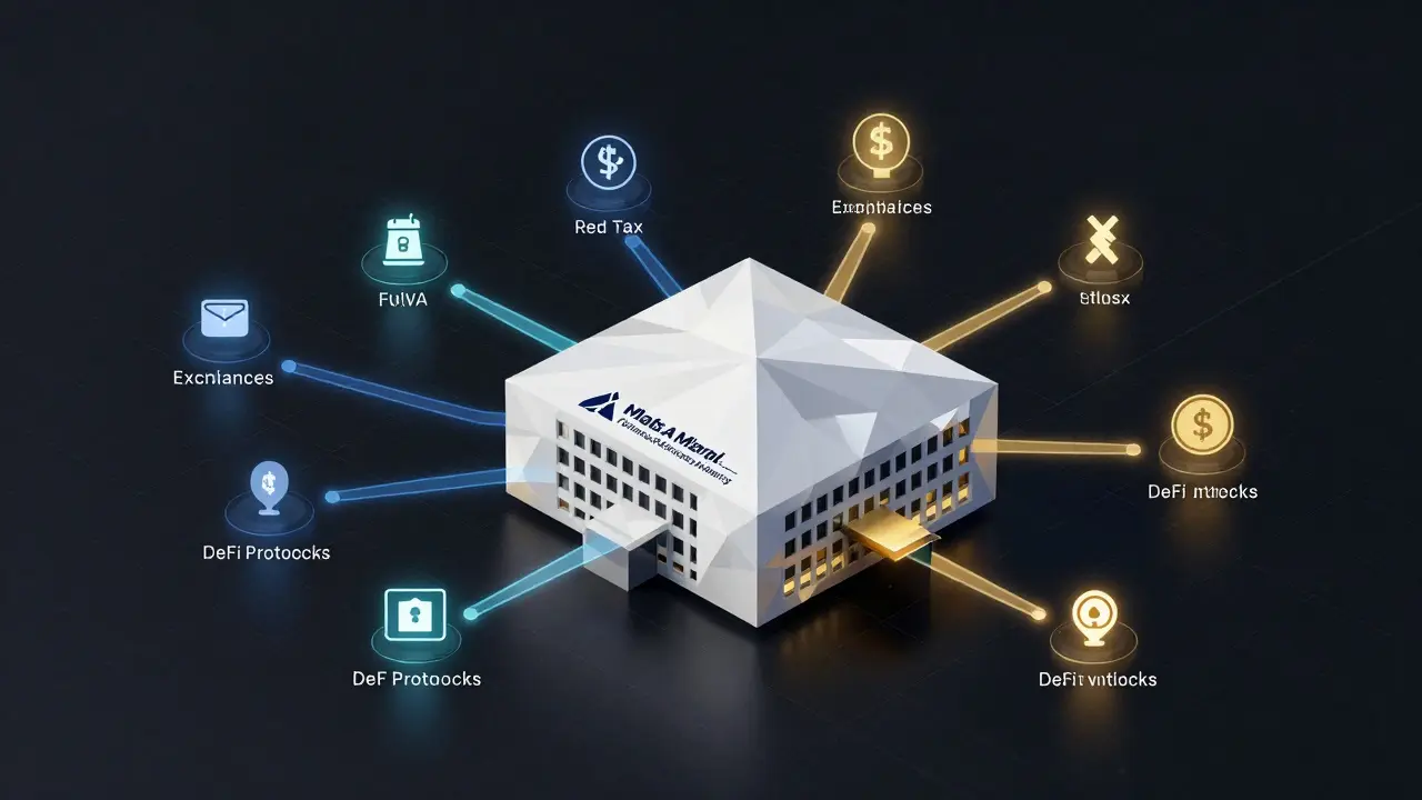 MFSA building with glowing compliance pathways connecting to crypto businesses.