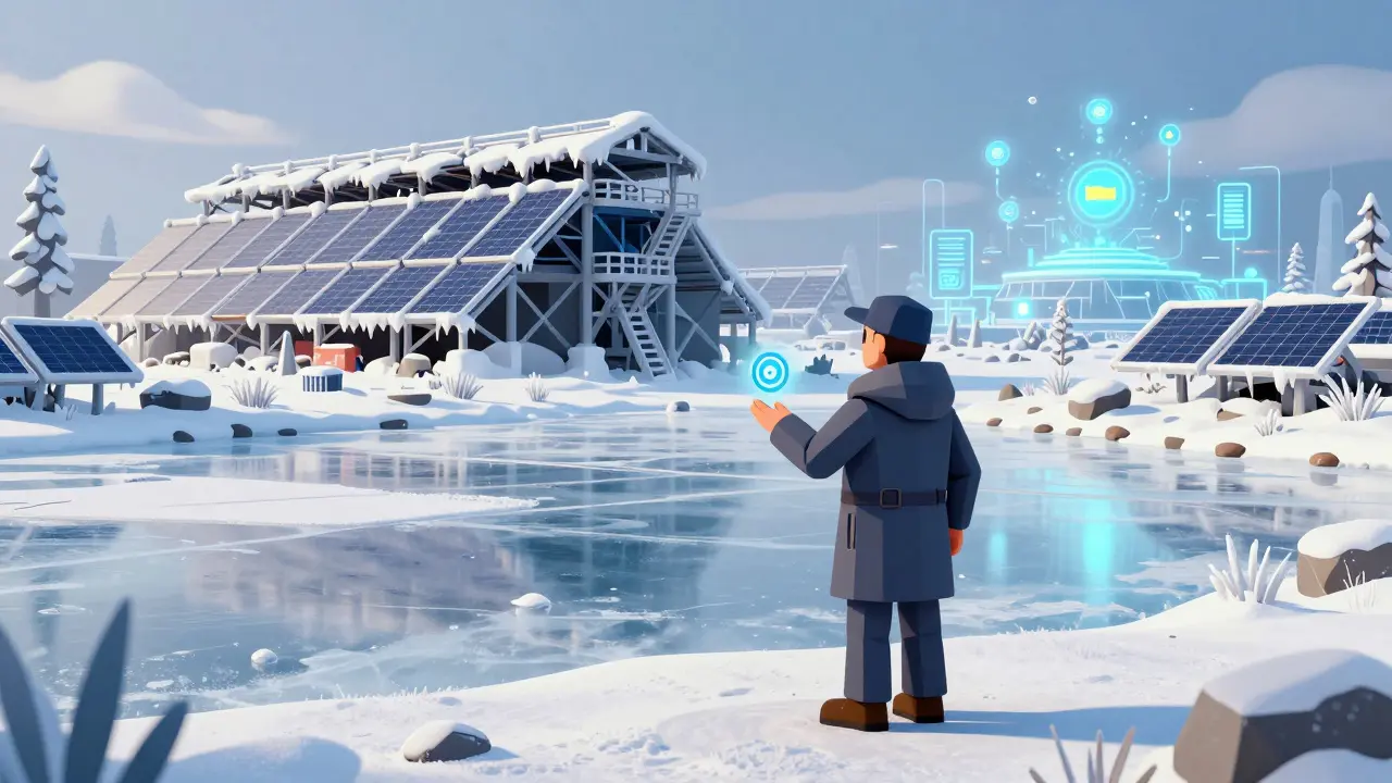 Miner holding proof-of-stake token as abandoned mining farm freezes behind in snowy landscape.