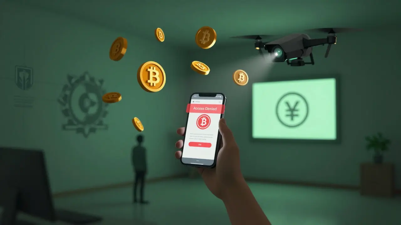 Person holding phone with blocked exchange, surrounded by floating crypto tokens and a surveillance drone in a gray room.