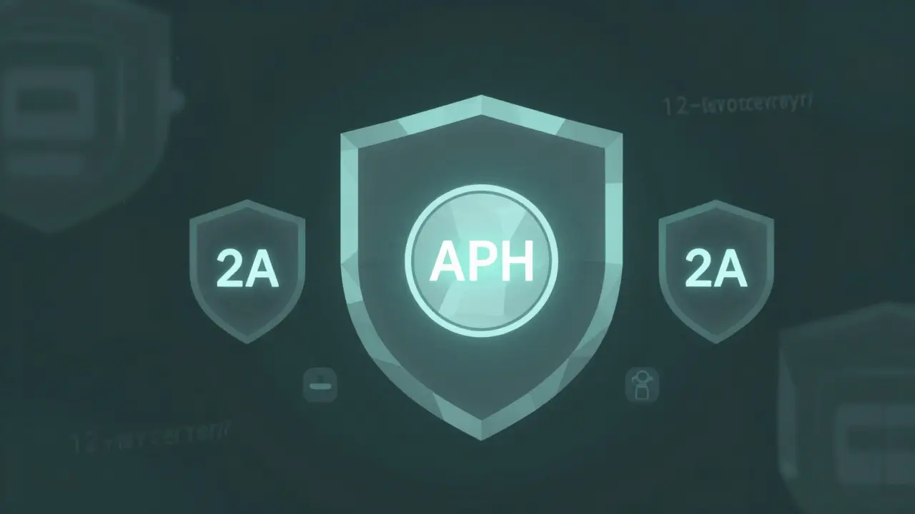 Secure polygonal wallet with a glowing APH token at its center, shield layers surrounding it.