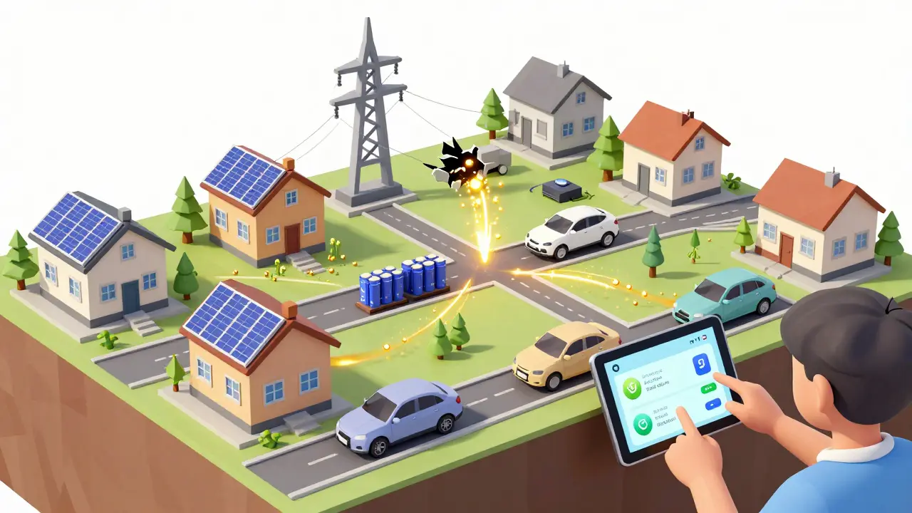 Smart microgrid of solar homes and EVs sharing energy, bypassing a failed central power station with real-time sensor data visible.