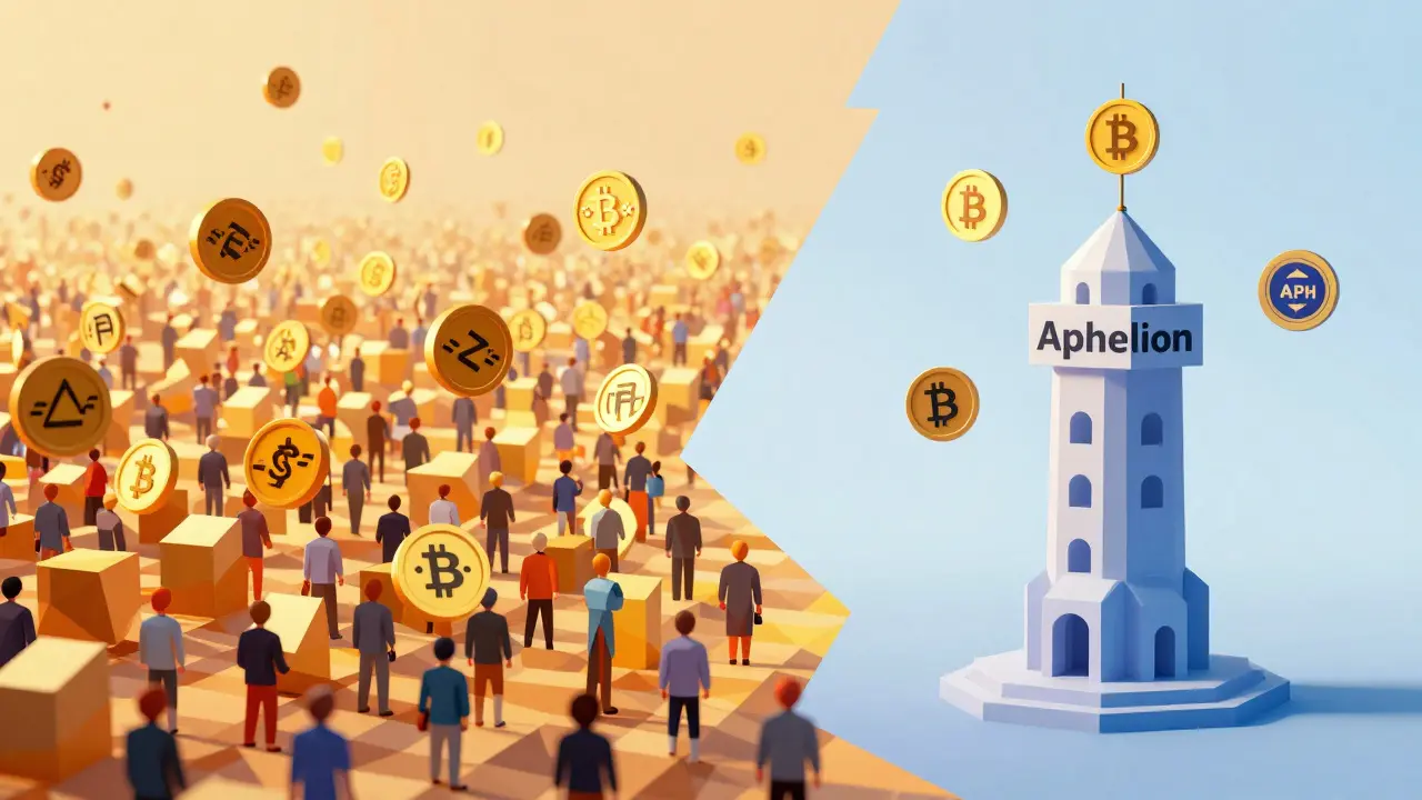 Split landscape: chaotic crypto exchange vs. quiet Aphelion tower with only three tokens.