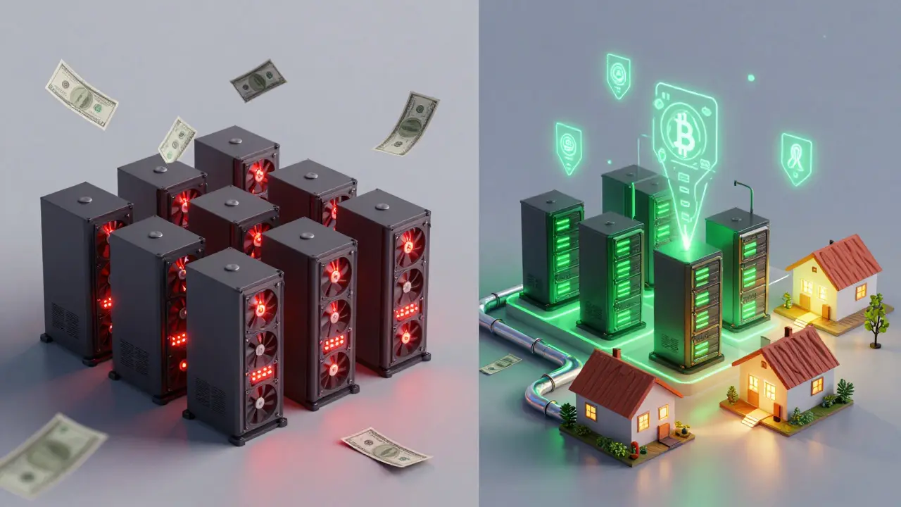 Split scene: abandoned Bitcoin mining rigs versus sustainable blockchain hub with waste heat reuse.