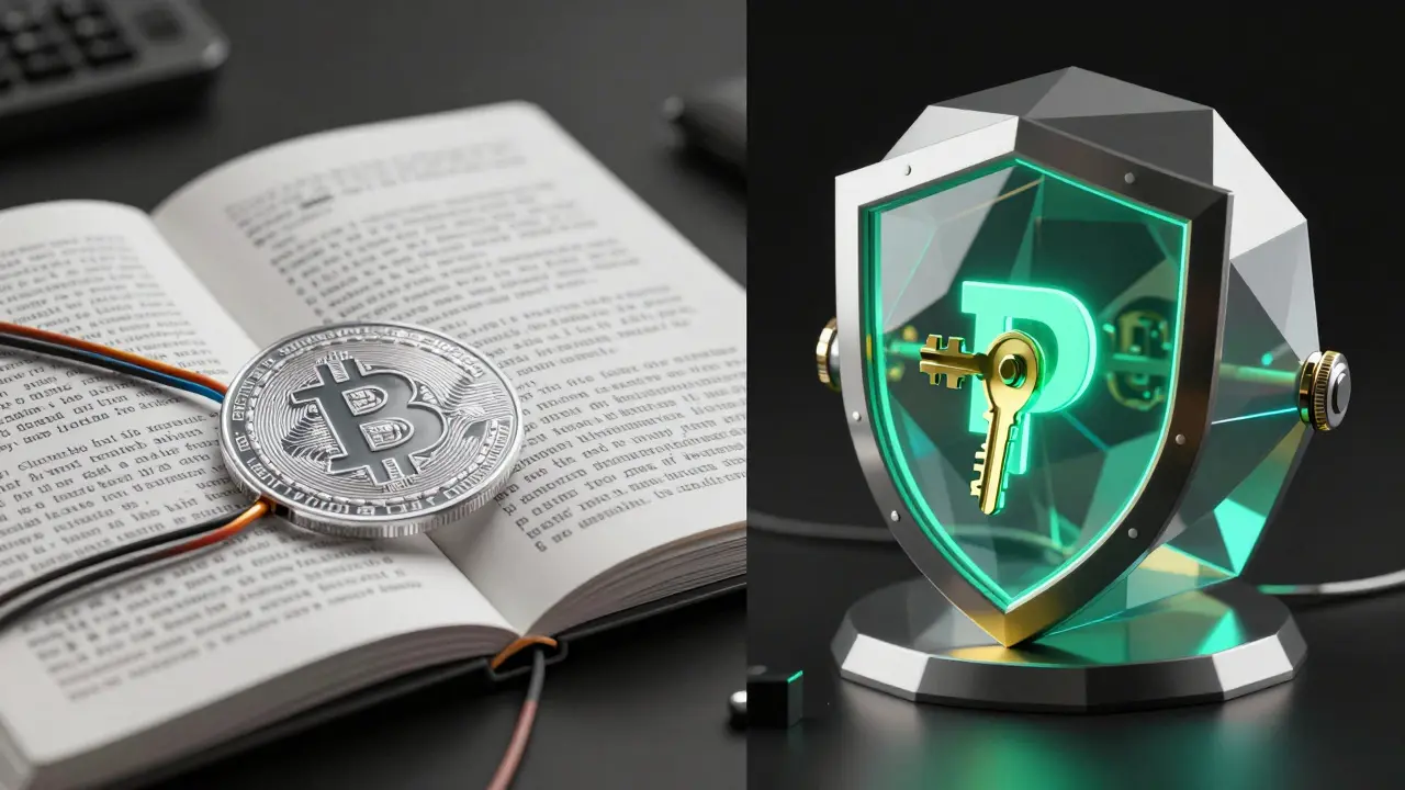 Split scene: open Bitcoin ledger vs. sealed Zcash shielded vault with glowing cryptographic keys.