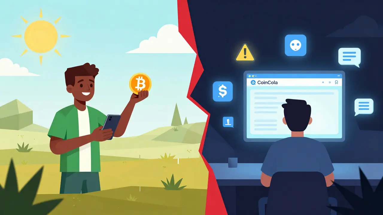 Split scene: user in Nigeria trading crypto vs. user in U.S. with frozen account