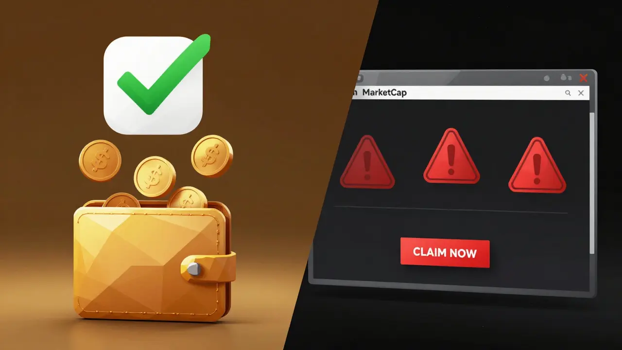 Split scene: verified airdrop on left, fake scam site on right in low-poly design.