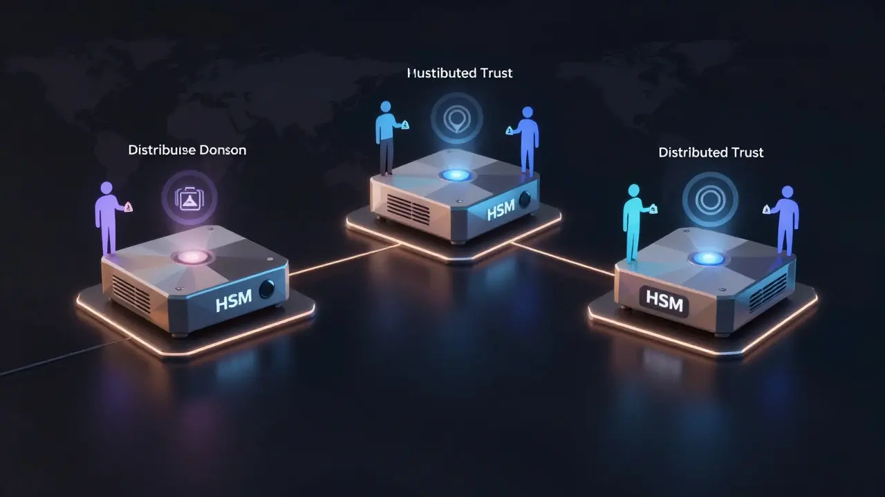 Three HSMs connected across global locations with multi-party authorization symbols