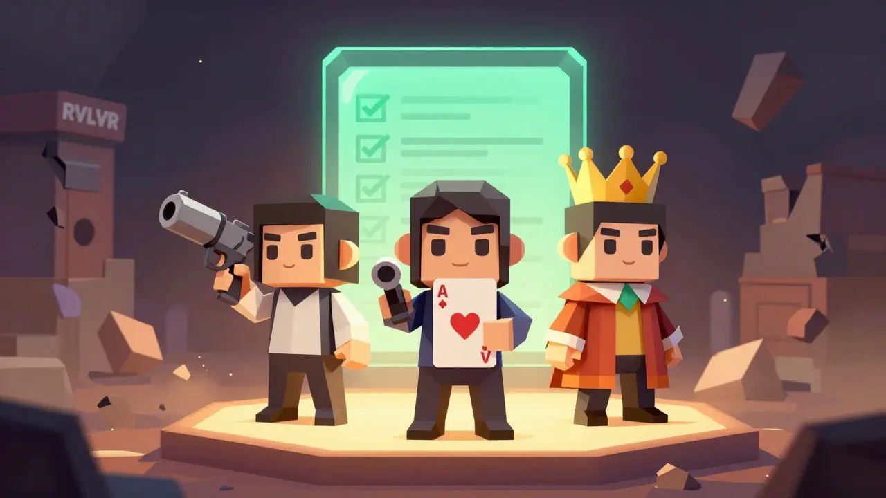 Three legitimate gaming tokens on a glowing platform, while RVLVR crumbles into dust behind them.