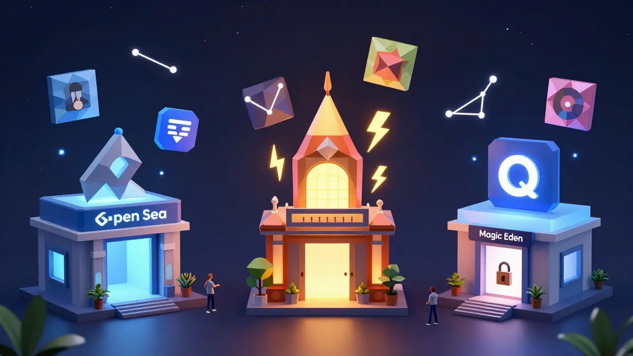 Three low-polygon NFT marketplaces as buildings with unique features, surrounded by floating digital artworks.