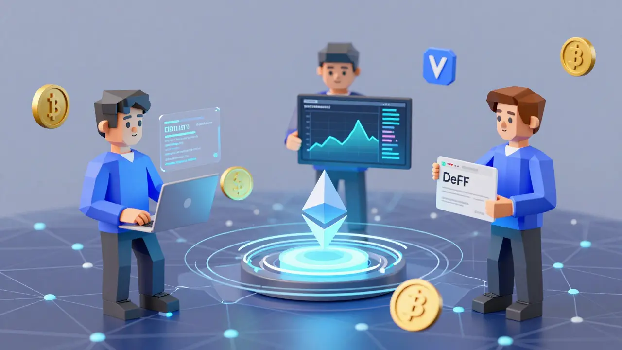 Three stylized users interacting with a decentralized derivatives network featuring blockchain tokens and smart contract core.