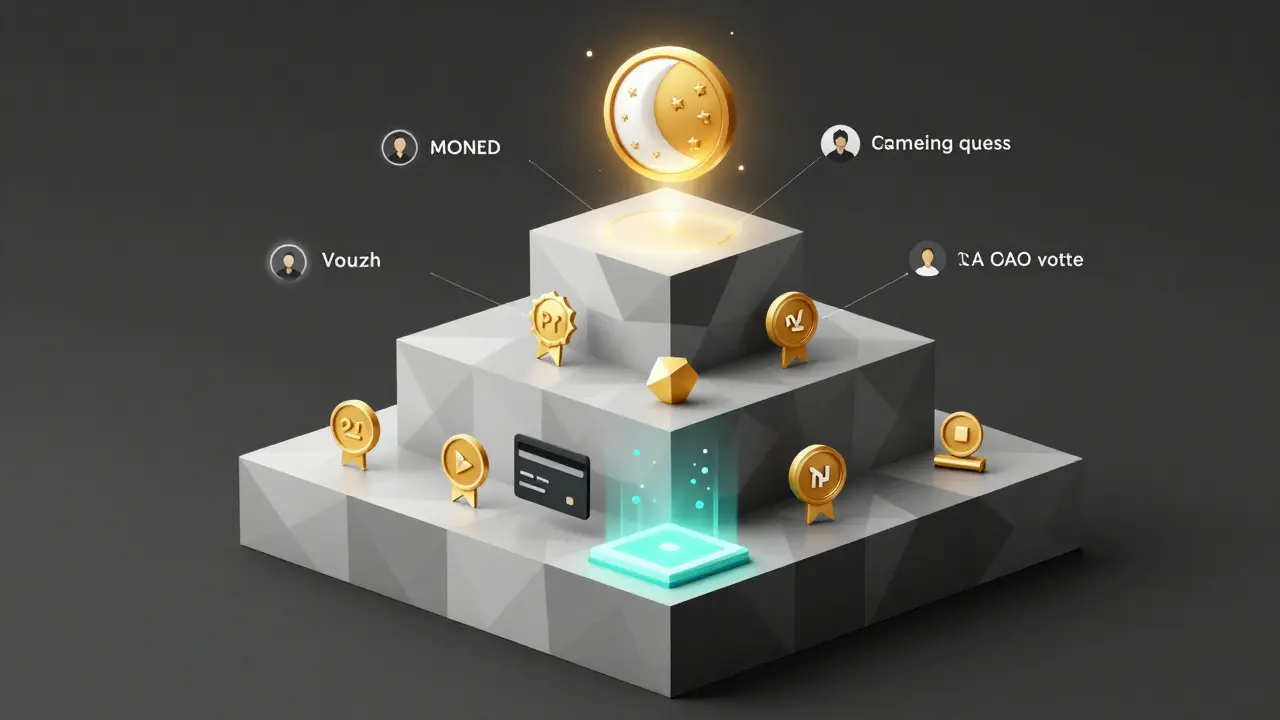 Tiered community rewards system with MOONED token glowing above staking and quest badges.