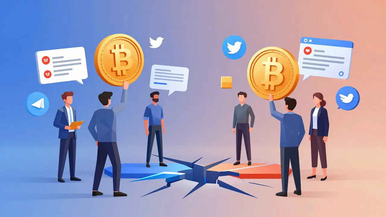 Two communities divided over a blockchain fork, holding different coins, surrounded by abstract social media icons in geometric form.