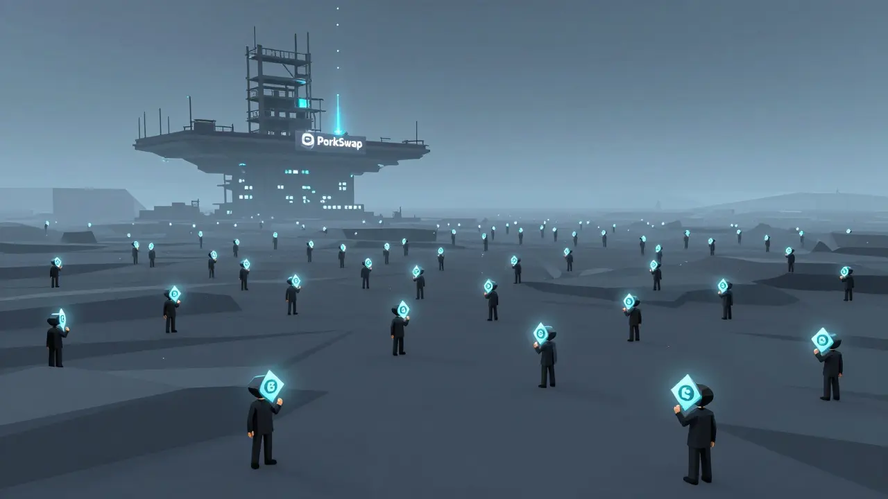 Two thousand low-poly users hold token shards near a half-built PorkSwap platform.