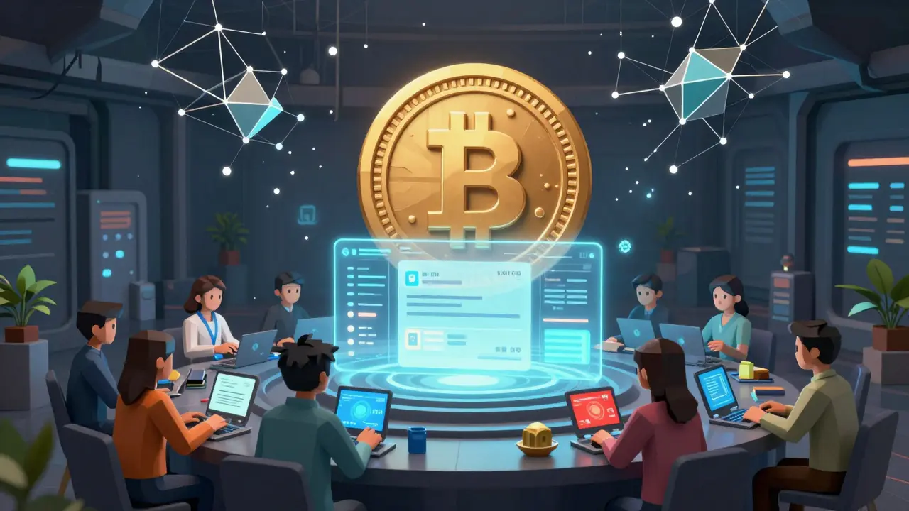 Underground group trading crypto via projected DEX interface while a giant e-CNY coin looms overhead.