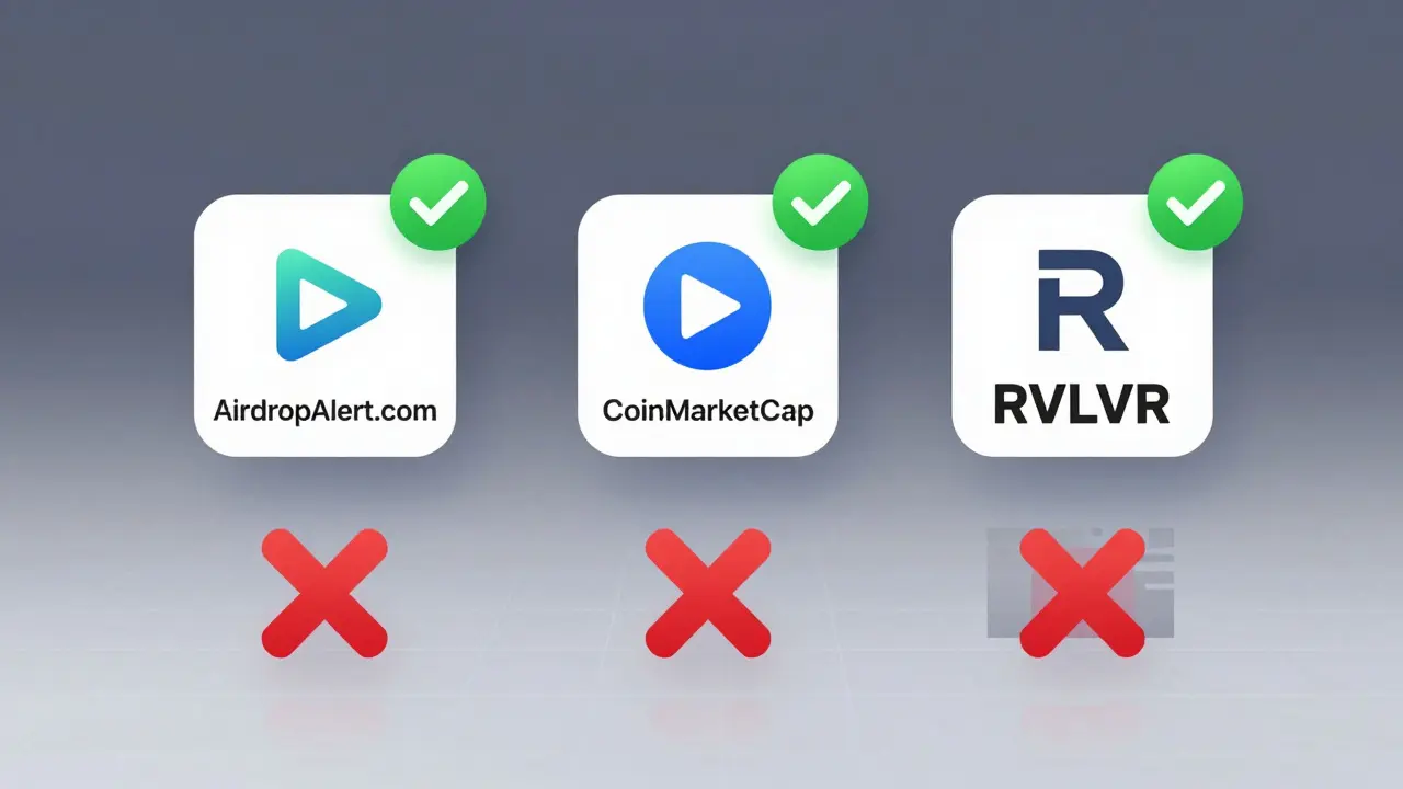 Verified airdrop platforms displayed as clean 3D icons, with RVLVR fading into static below.
