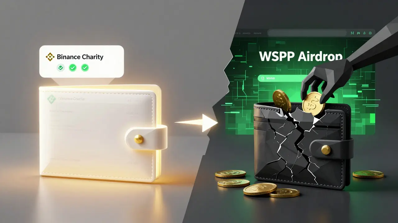 A clean charity blockchain interface contrasted with a glitching WSPP scam site.