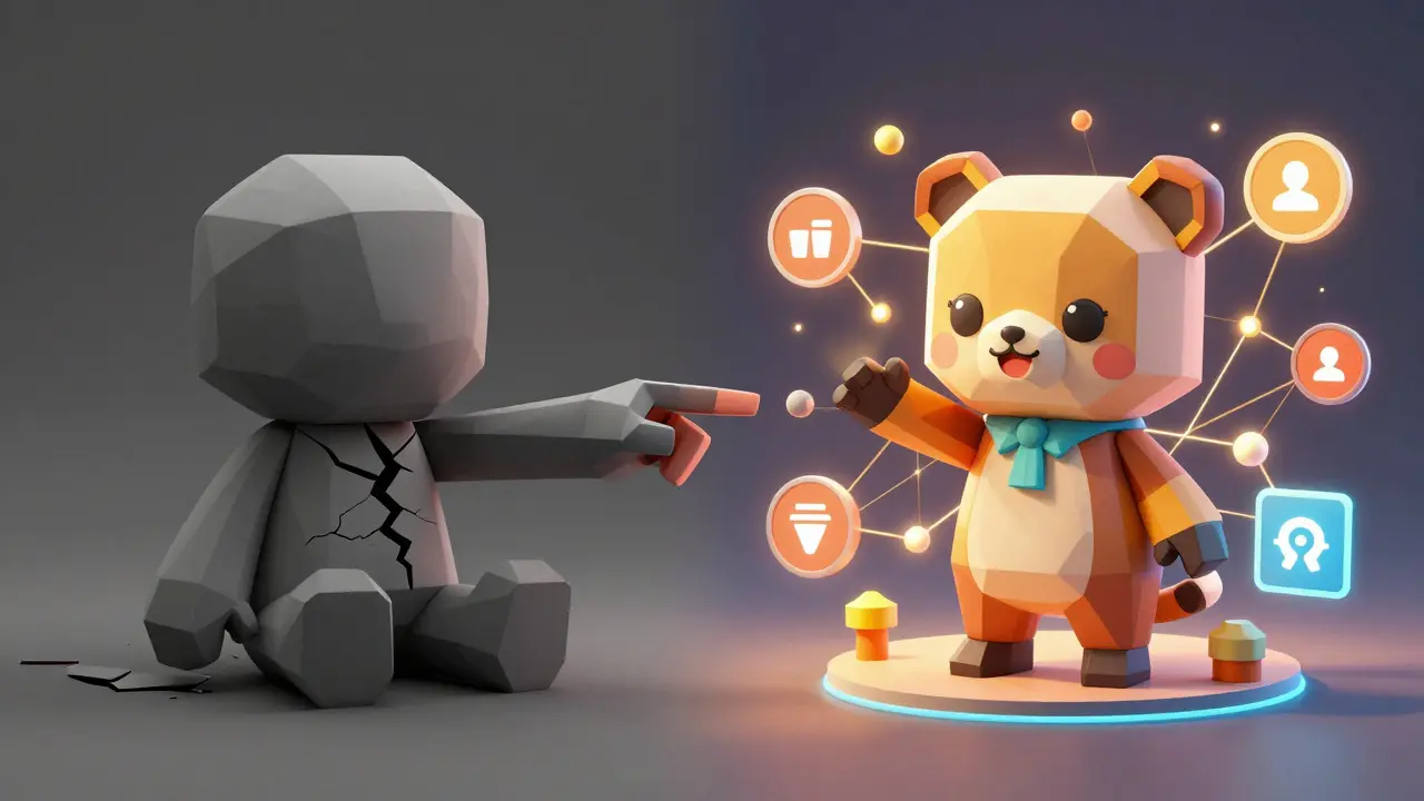 A lifeless CHIHUA token next to a thriving HUAHUA network, symbolizing scam vs reality.