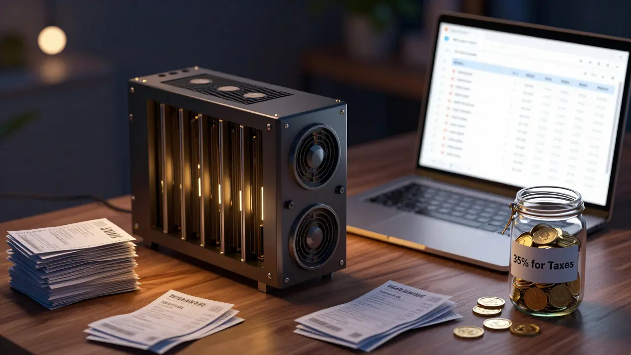 A miner's desk with ASIC rig, receipts, and tax dashboard glowing in low poly digital style.