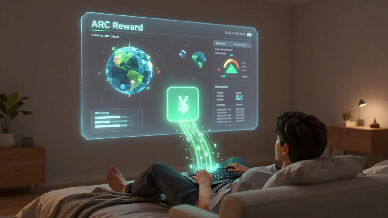 A person relaxing as holographic ARC rewards flow into their wallet from distant games.