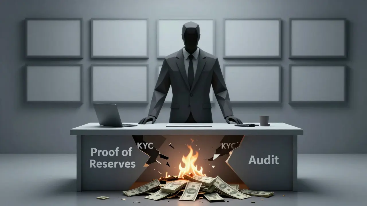 A shadowy figure behind shattered compliance labels, with burning money and blank screens.