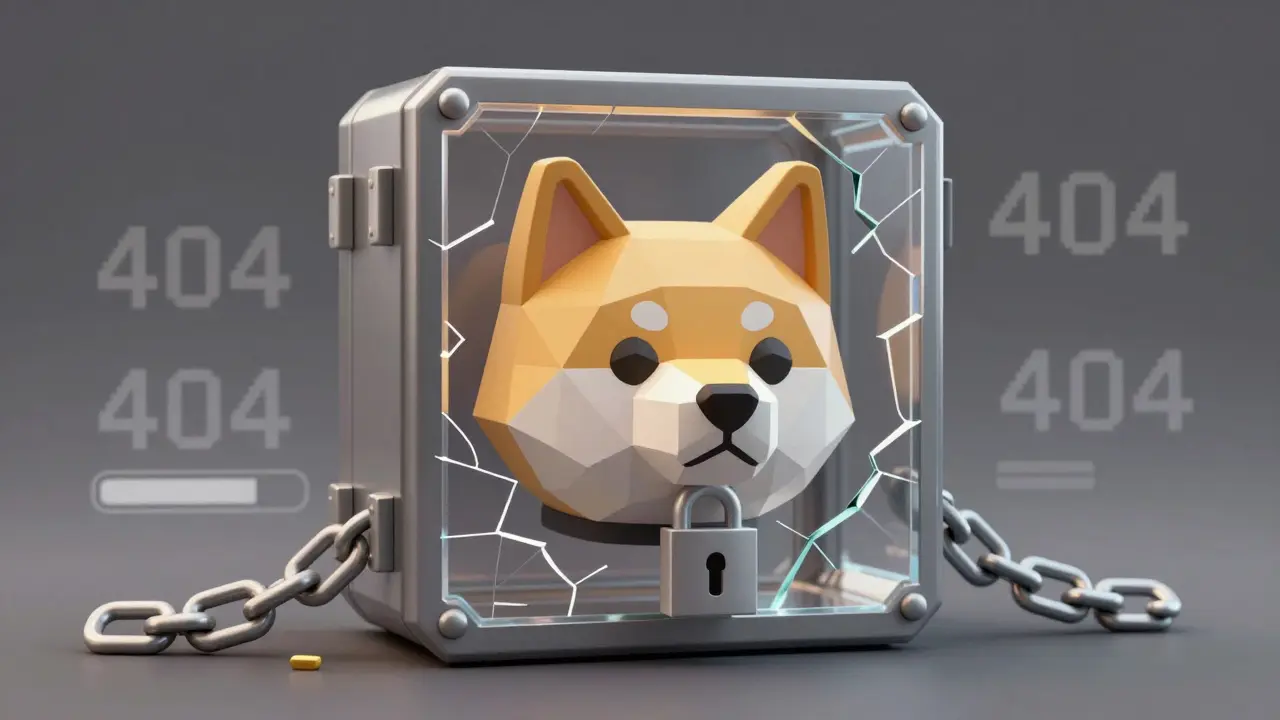 A Shiba Inu NFT trapped in a cracked digital vault with 404 errors and a loading bar, symbolizing inactivity.