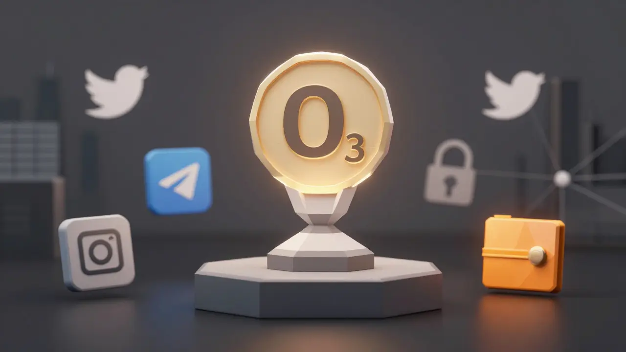 A single O3 token on a pedestal with faded social media icons nearby.