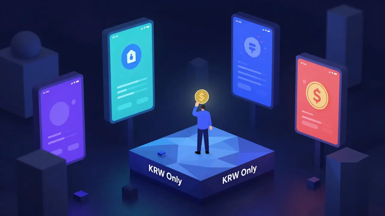 A solitary user on a tiny platform labeled 'KRW Only', surrounded by vibrant global exchange landscapes.