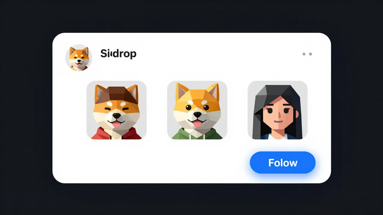 A stylized Twitter interface showing tagged friends and follow buttons in low-poly art style, no text.