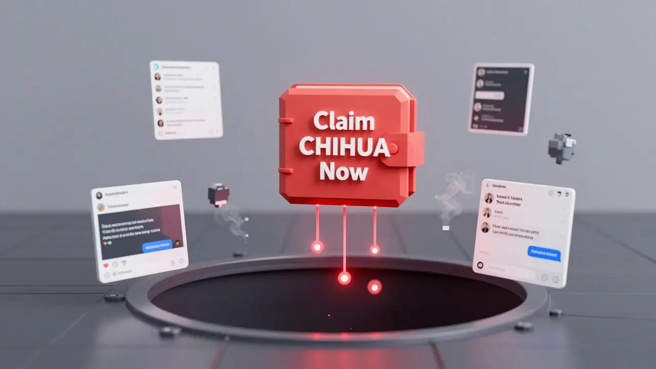 A wallet being drained by a fake 'Claim CHIHUA' trap, surrounded by dissolving scam ads.