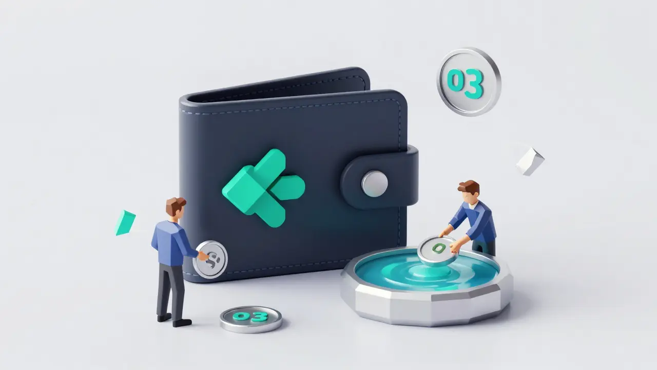 Abstract users interacting with crypto wallets and liquidity pools in geometric style.