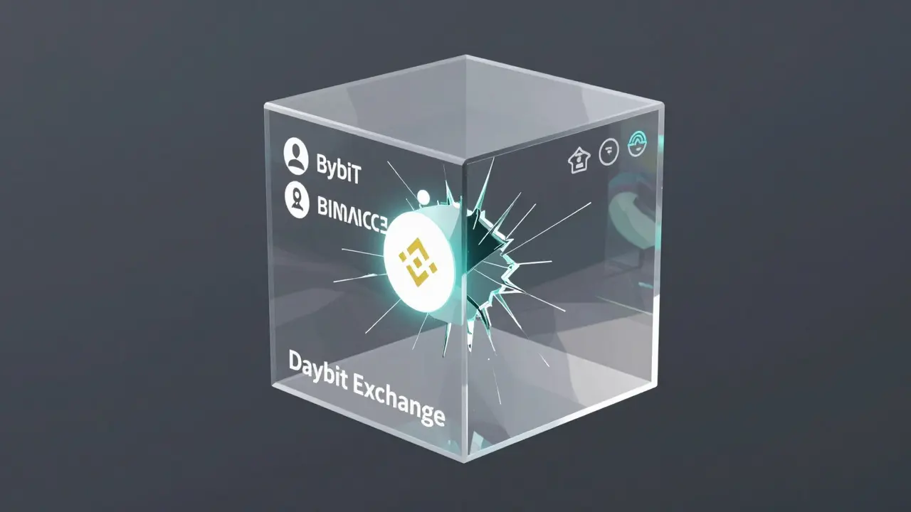 An empty transparent cube labeled Daybit Exchange, reflecting competing exchanges in the distance.