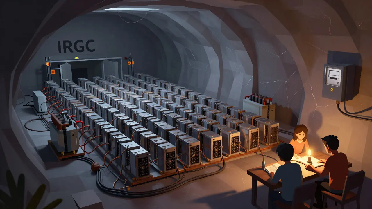 Crypto miners hidden in a stadium tunnel, connected to aging power lines, while a family studies by candlelight outside.