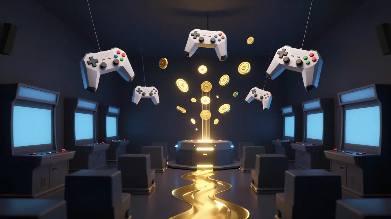 Empty arcade with floating controllers and golden revenue streams feeding a central ARC token.