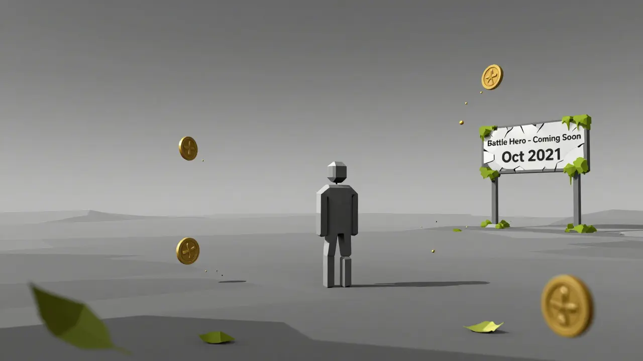 Empty low-poly battlefield with dissolving BATH tokens and a faded 'Coming Soon' sign.