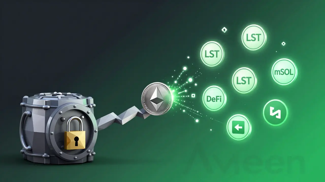 ETH splitting into locked vault and multiple LST tokens orbiting DeFi apps in a low-poly digital scene.