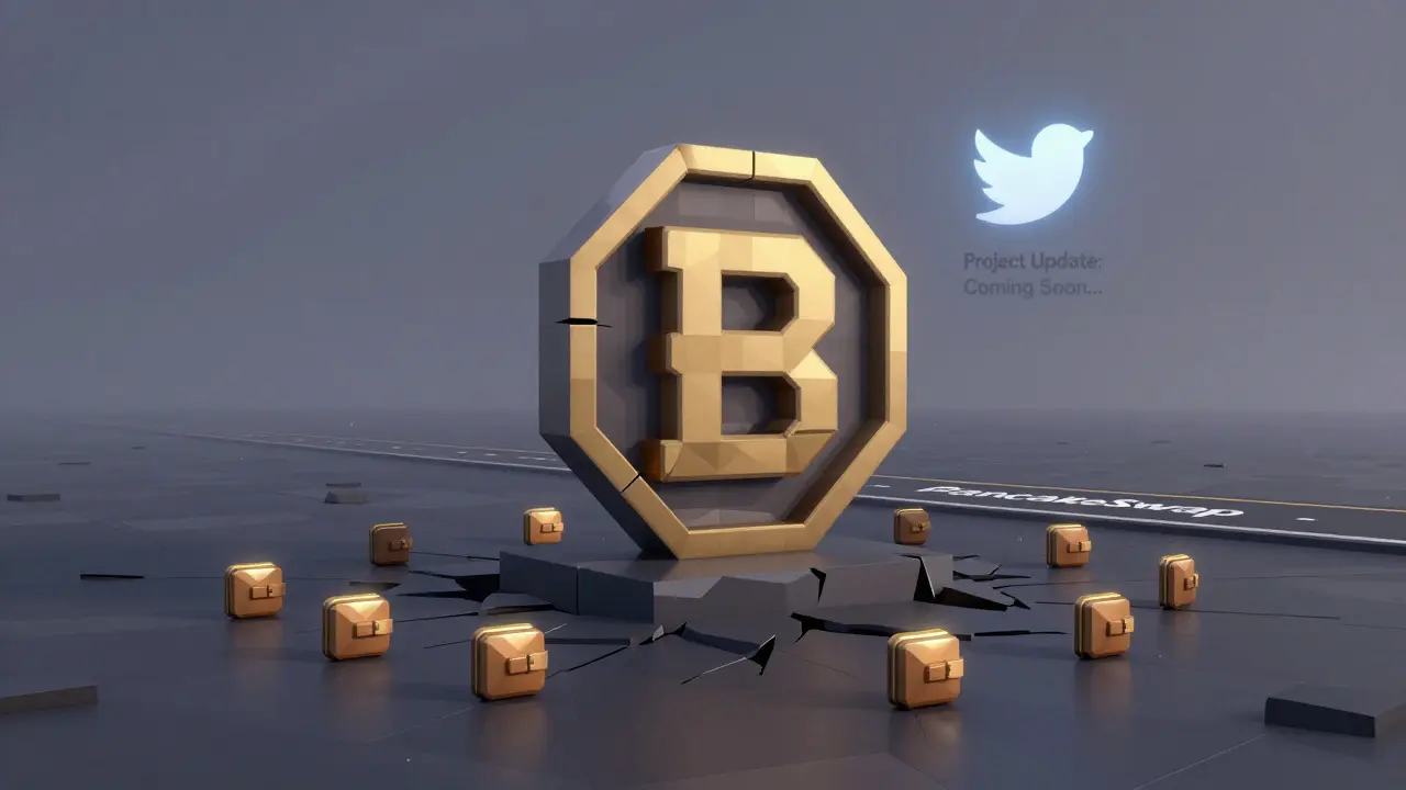 Lonely BATH token monument in a blockchain wasteland with 18,000 frozen wallet icons.