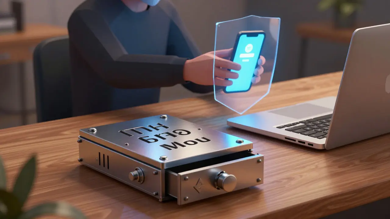 Metal seed phrase backup protected from phishing attack on air-gapped device.