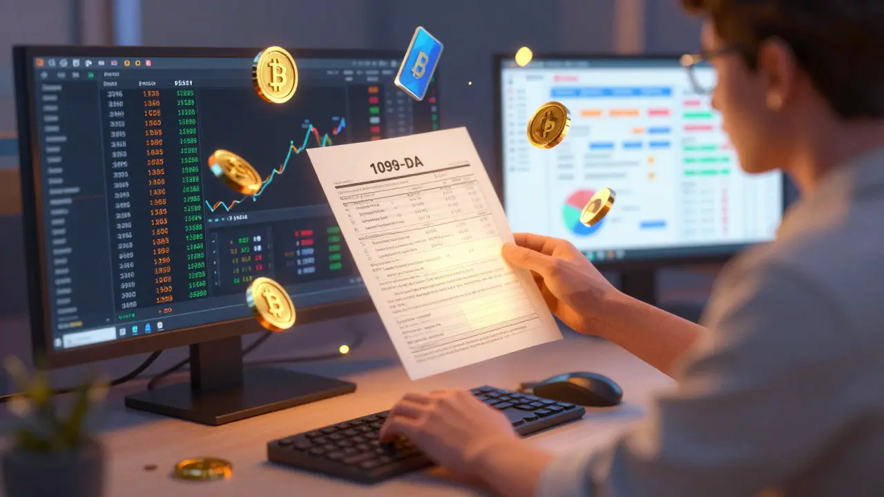 Person managing crypto taxes on multiple screens with floating coins and NFTs.