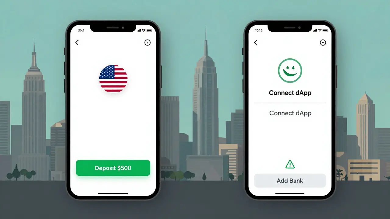 Side-by-side smartphone screens: Coinbase App with deposit option vs. Coinbase Wallet with no bank link, set against low-poly city backgrounds of New York and Lahore.