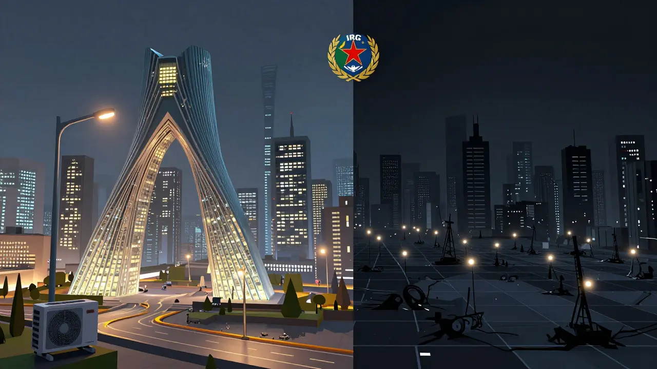 Split city skyline: one side lit, the other dark as 900,000 mining rigs shut off during a blackout.