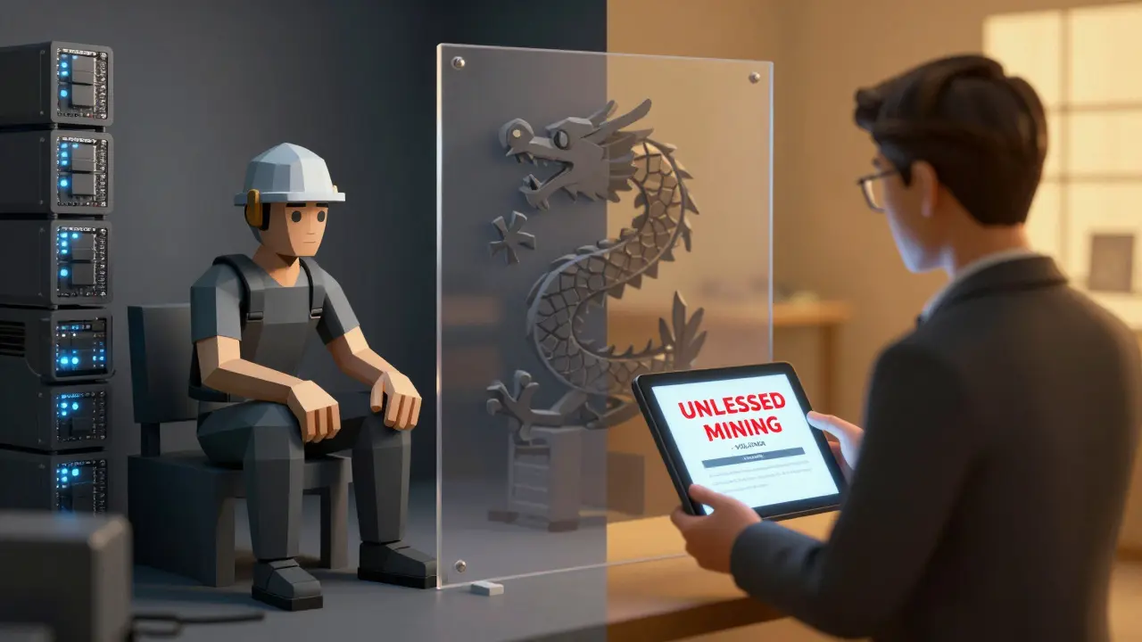 Split scene: miner with rigs on one side, auditor with violation alert on the other, separated by a dragon-shaped barrier.