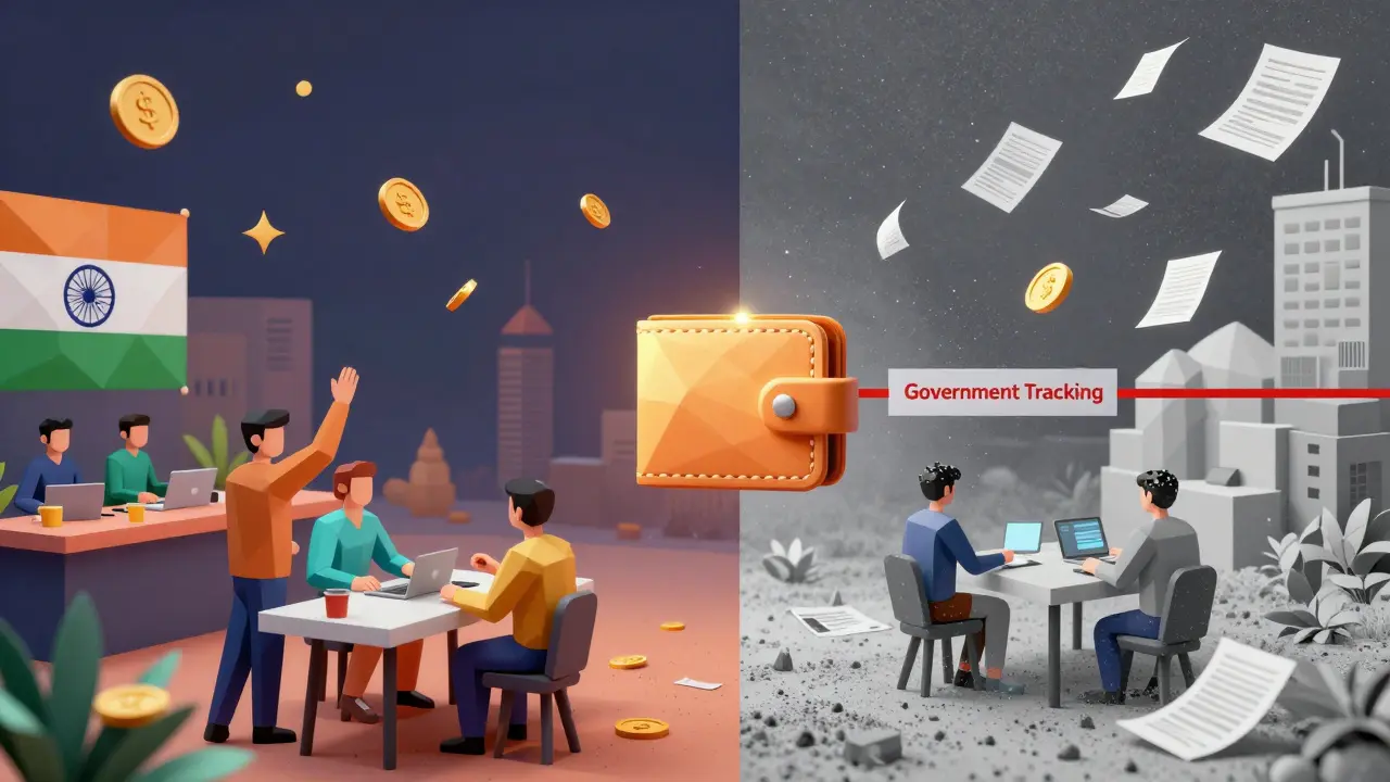 Split scene: vibrant crypto market vs. frozen, tax-covered version, connected by a tracking line in low-poly style.