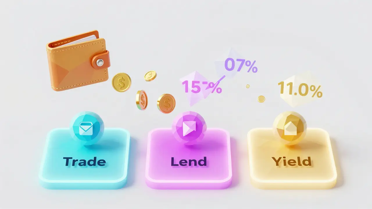 stETH tokens flowing into three DeFi pathways labeled Trade, Lend, and Yield in a low-poly abstract dashboard.